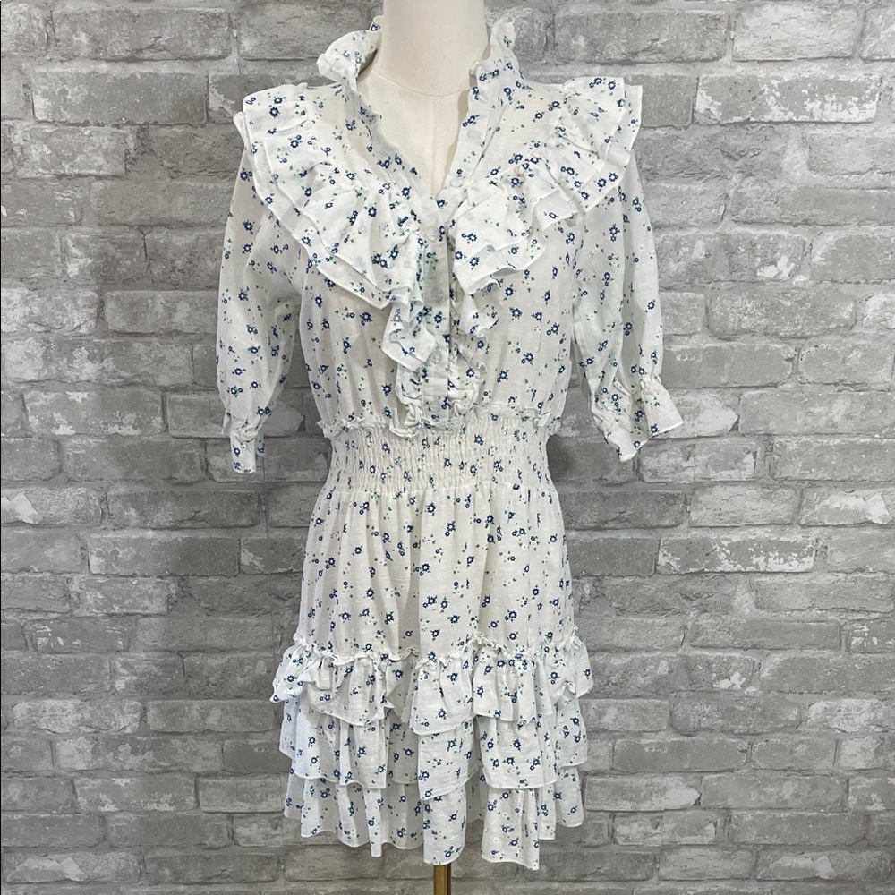 The Shirt by Rochelle Behrens Brigitte White and Blue Floral Dress